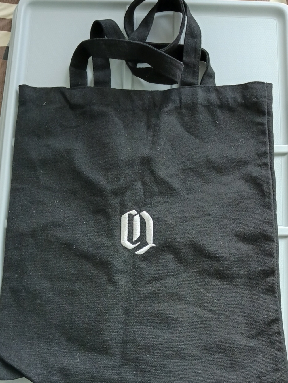 Black Canvas Tote Bag with White Embroidered Logo